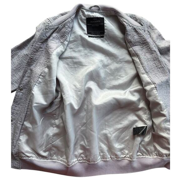 ALL SAINTS PAYTON Bomber Jacket Embossed Gray Snap Sz 2 lightweight Italian - Picture 9 of 11
